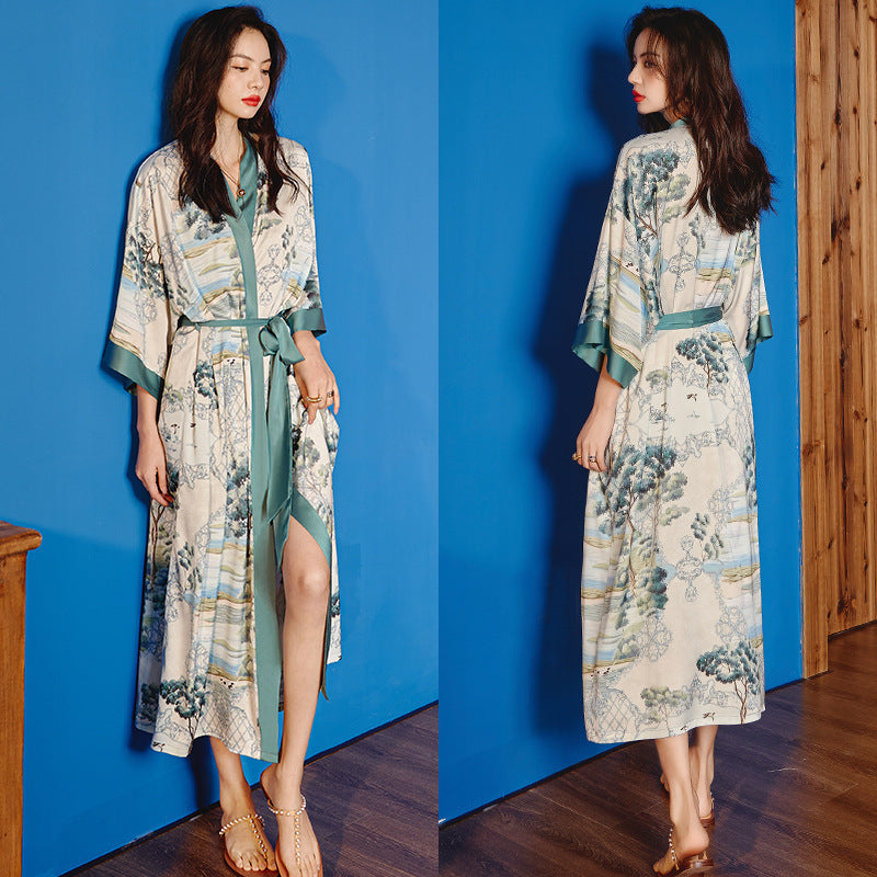 Women’s Luxury Silk Dressing Gown – Long Floral Print Elegant Nightwear Robe