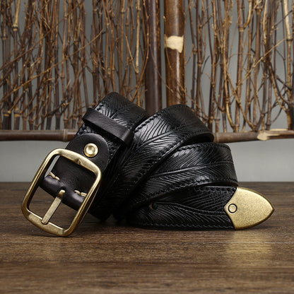 Men’s Double-Sided Genuine Cowhide Belt – 3.8CM Wide Thick Leather with Brass Buckle