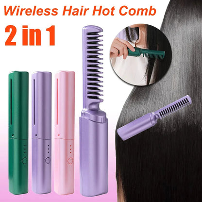 Professional Wireless Hair Straightener & Curler Comb – Portable Fast-Heating Negative Ion Styling Brush