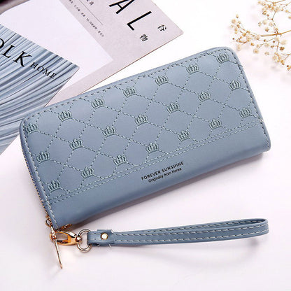 Women’s Crown Embroidery Clutch Wallet – Single Zip PU Leather Long Purse