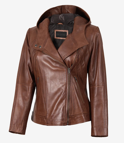 Women’s Brown Asymmetrical Lambskin Leather Jacket with Hood