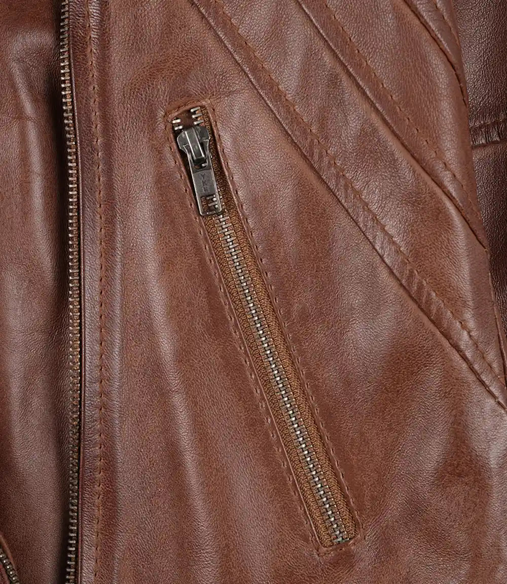 Women’s Brown Asymmetrical Lambskin Leather Jacket with Hood