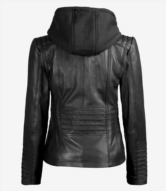 Women’s Black Lambskin Leather Jacket with Removable Hood