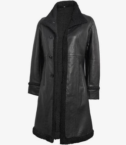 Women’s 3/4 Length Real Leather Black Shearling Coat