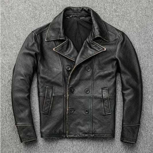 Black Distressed Vintage Motorcycle Café Racer Jacket Front View