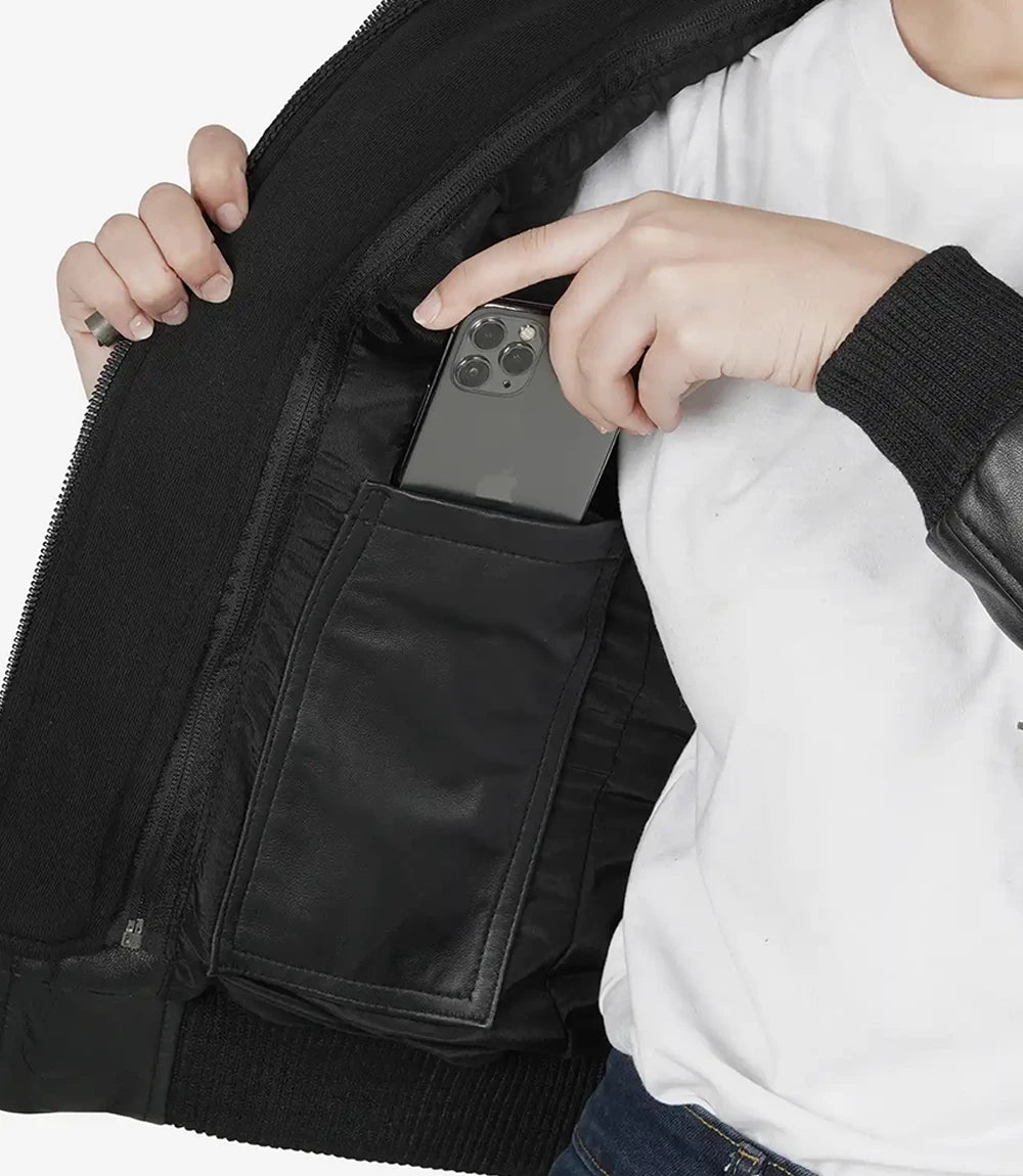 Edinburgh Women’s Tall Black Bomber Leather Jacket with Hood