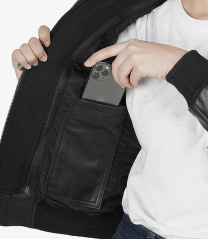 Edinburgh Women’s Tall Black Bomber Leather Jacket with Hood