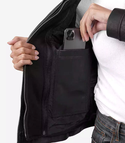 Women’s Black Lambskin Leather Jacket with Removable Hood