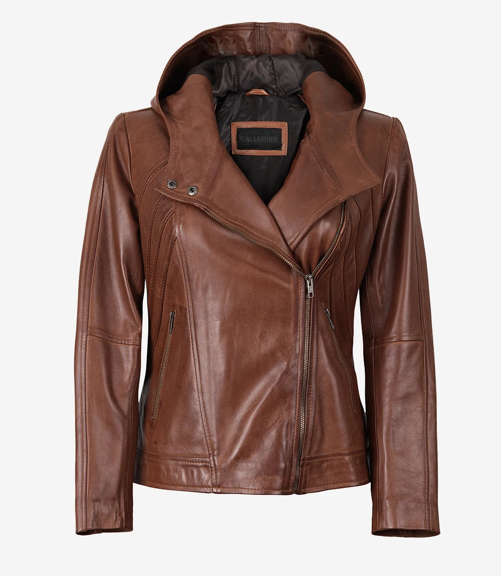 Women’s Brown Asymmetrical Lambskin Leather Jacket with Hood