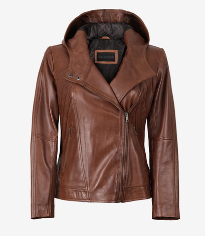 Women’s Brown Asymmetrical Lambskin Leather Jacket with Hood