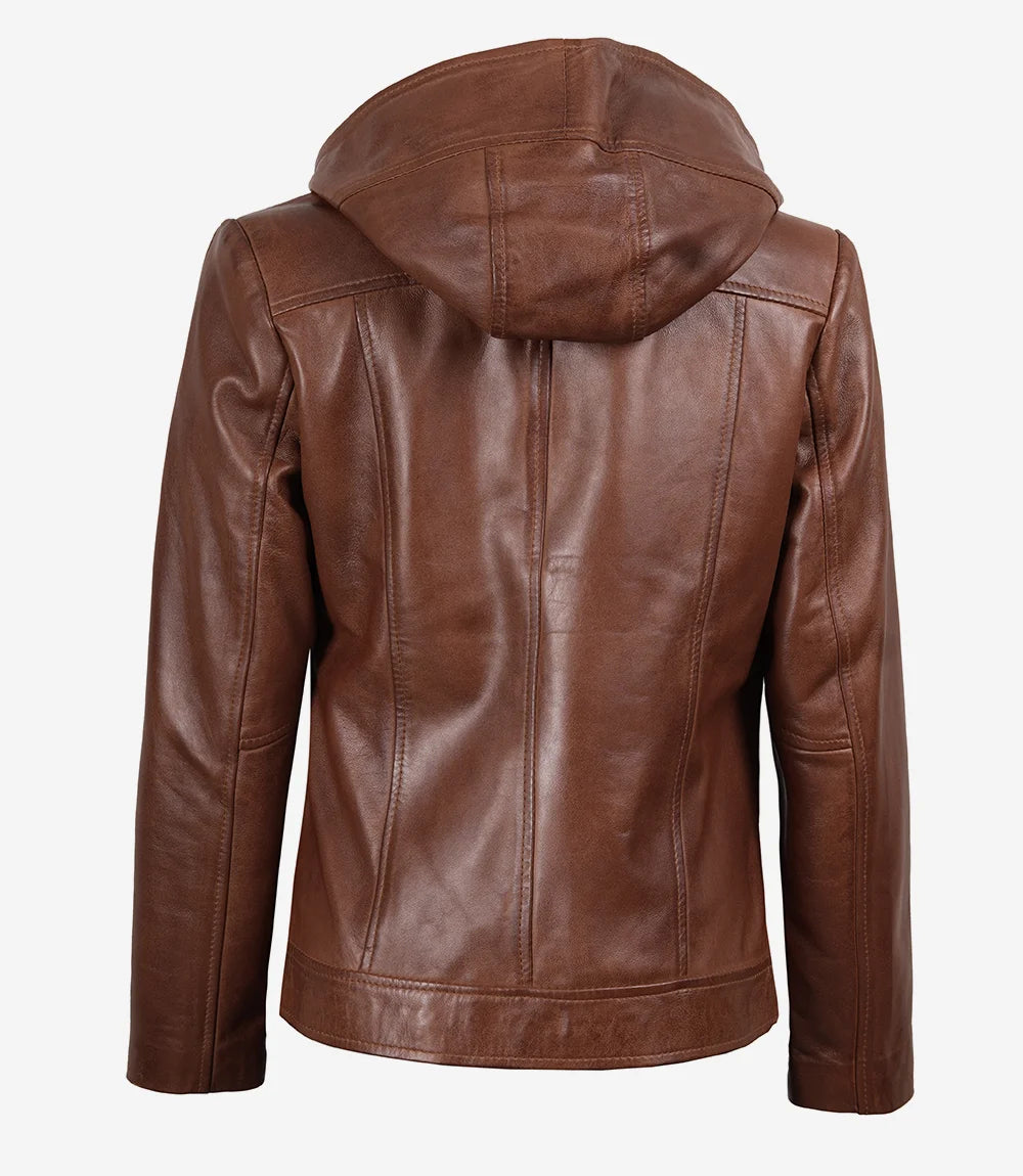 Women’s Brown Asymmetrical Lambskin Leather Jacket with Hood