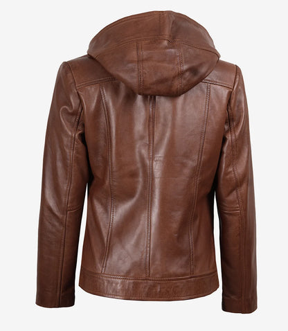 Women’s Brown Asymmetrical Lambskin Leather Jacket with Hood