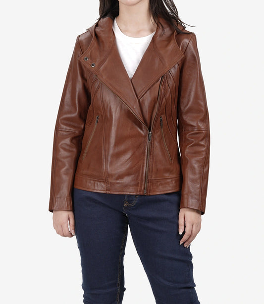 Women’s Brown Asymmetrical Lambskin Leather Jacket with Hood