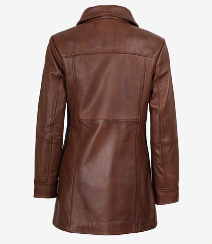 Women's Tall Real Leather Cognac Coat - 3/4 Length Coat