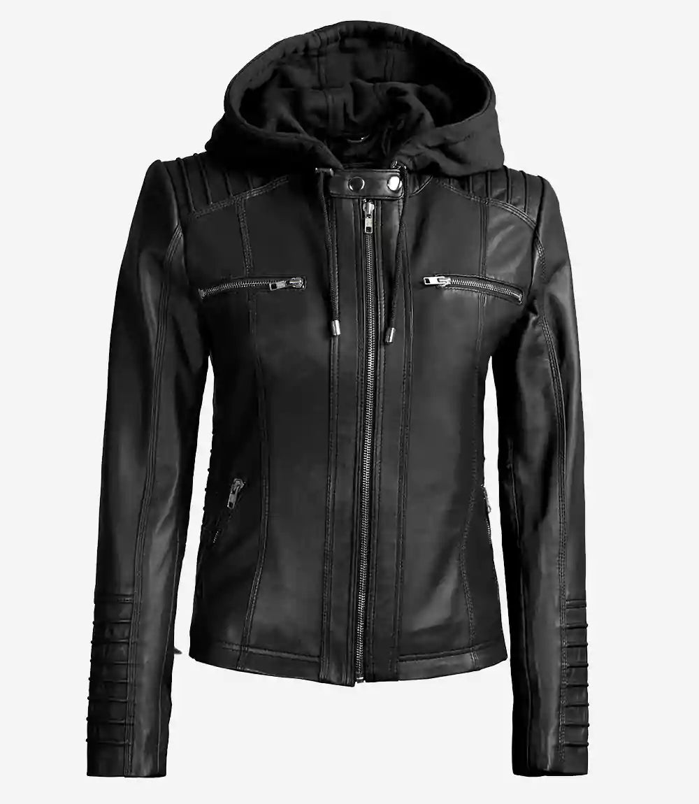 Women’s Black Lambskin Leather Jacket with Removable Hood