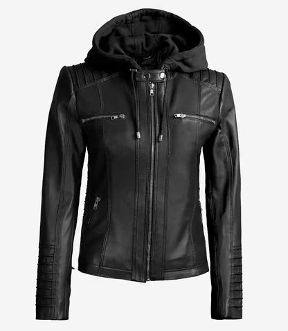 Women’s Black Lambskin Leather Jacket with Removable Hood