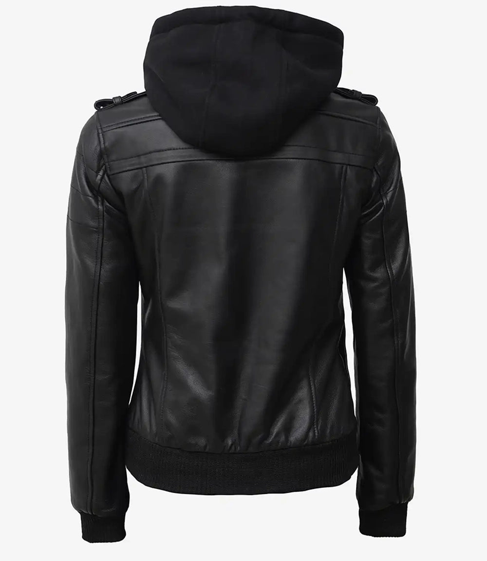 Edinburgh Women’s Tall Black Bomber Leather Jacket with Hood