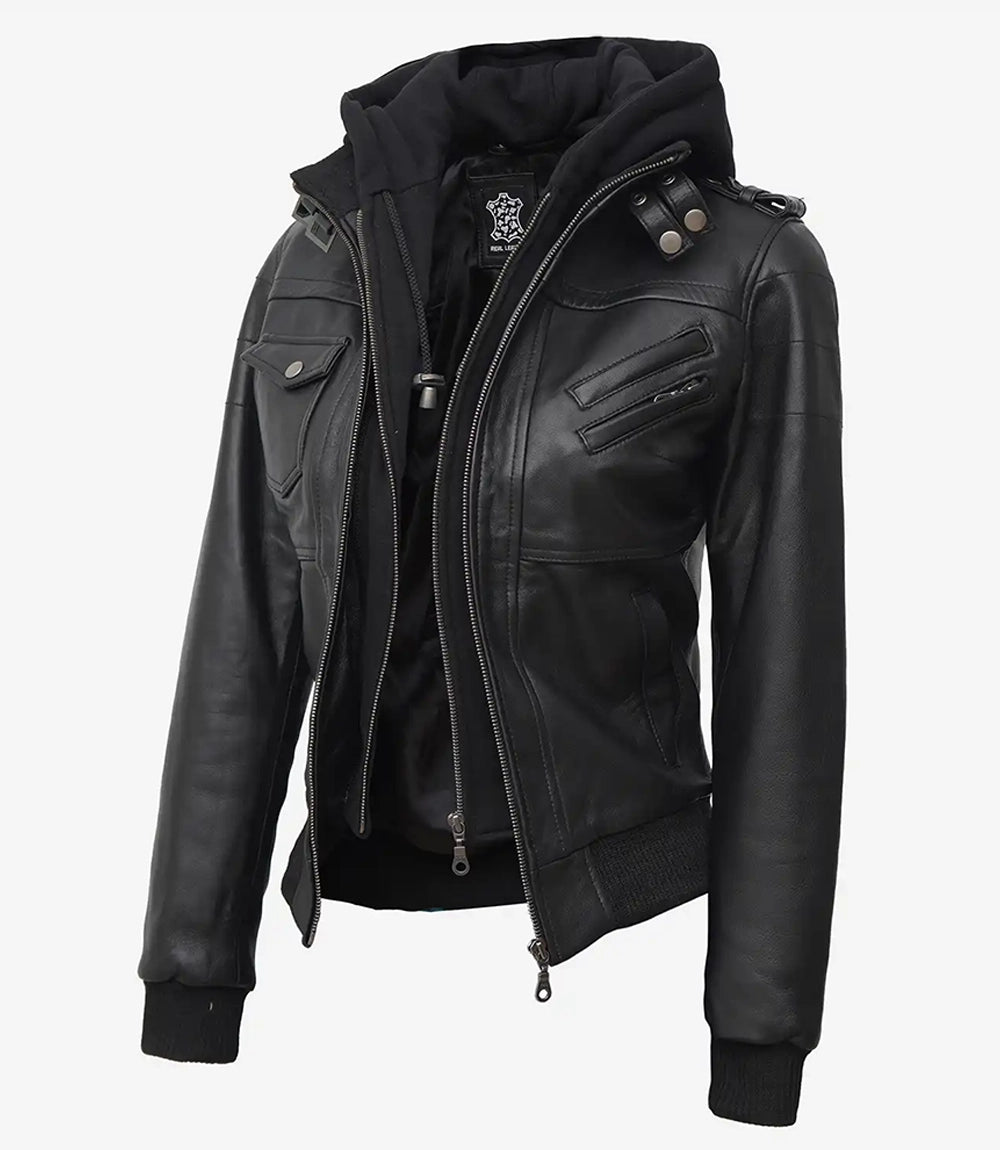 Edinburgh Women’s Tall Black Bomber Leather Jacket with Hood