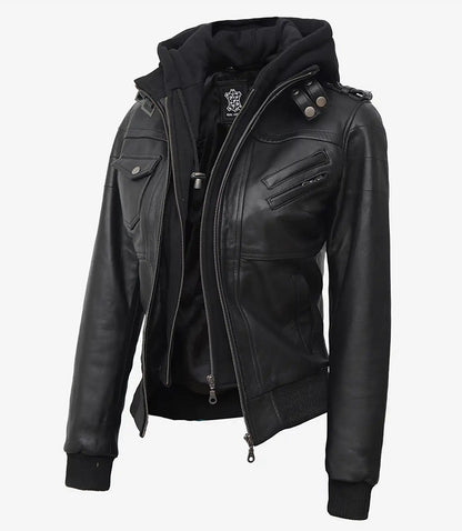 Edinburgh Women’s Tall Black Bomber Leather Jacket with Hood