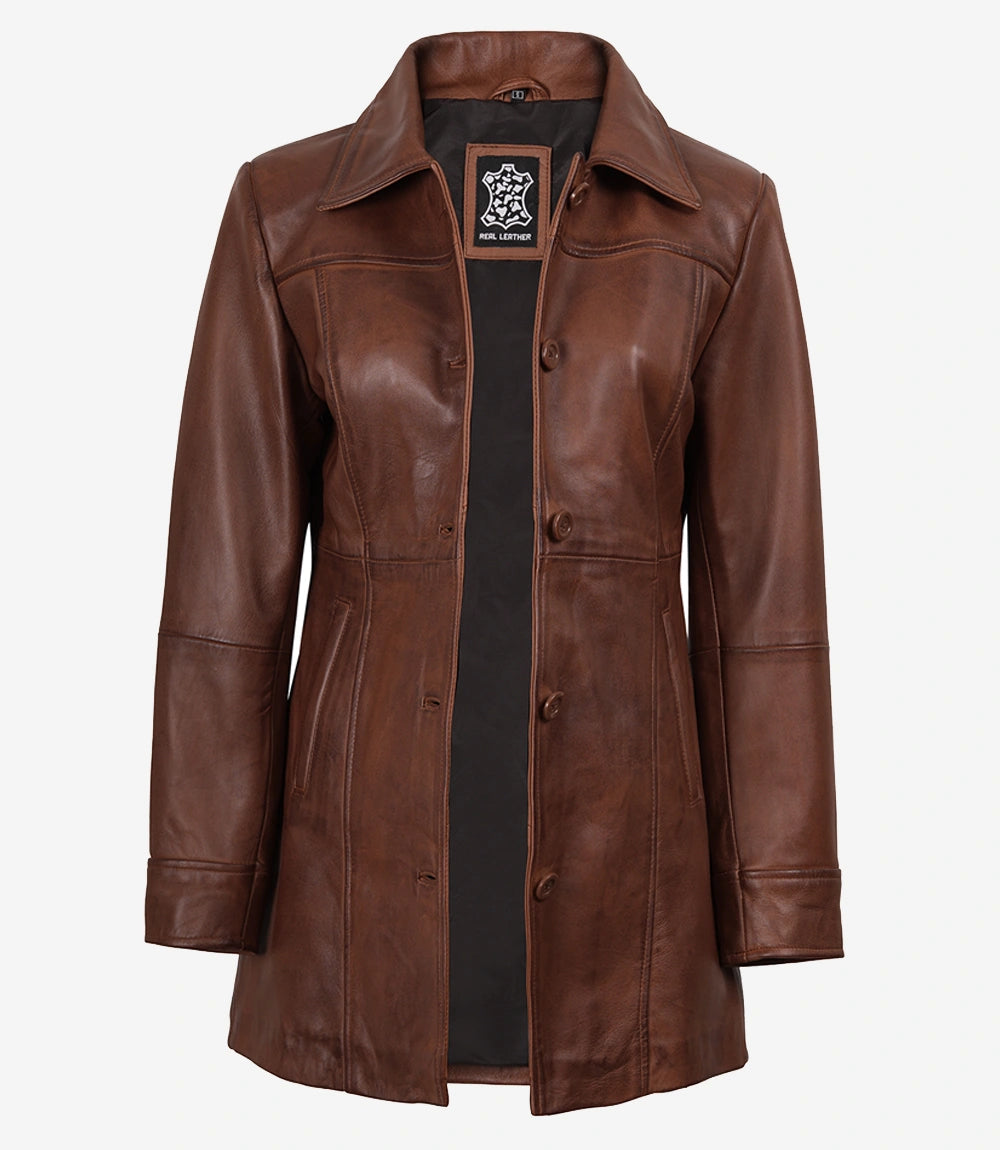 Women's Tall Real Leather Cognac Coat - 3/4 Length Coat