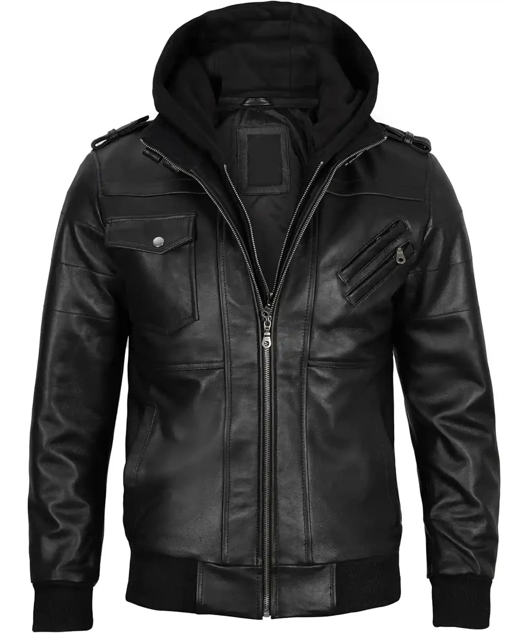 Hooded Genuine Leather Black Bomber Jacket for Men Front View