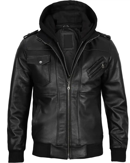 Hooded Genuine Leather Black Bomber Jacket for Men Front View