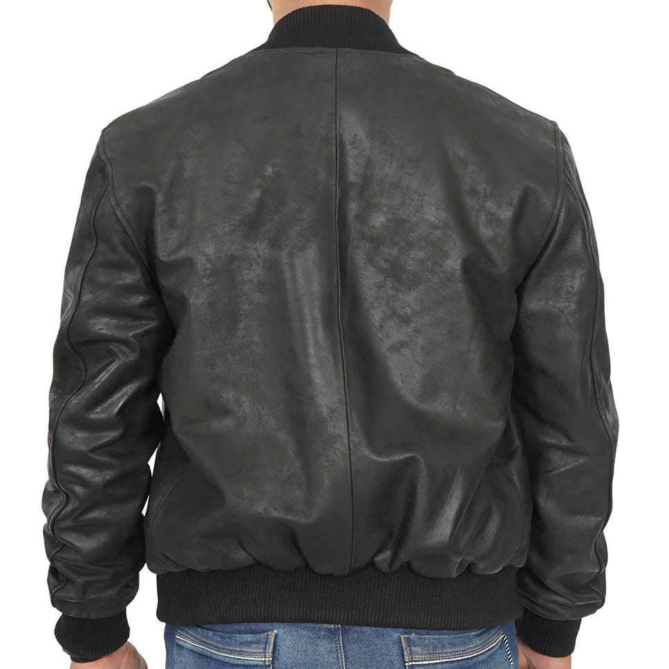 Black Leather Varsity Jacket for Men