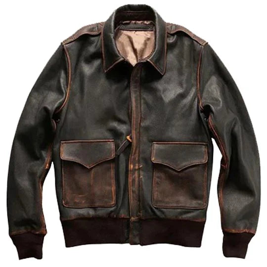 Men’s Brown Aviator A2 Military Pilot Leather Bomber Jacket Front View