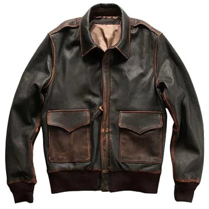 Men’s Brown Aviator A2 Military Pilot Leather Bomber Jacket Front View