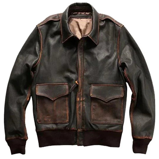 Men’s Brown Aviator A2 Military Pilot Leather Bomber Jacket Front View