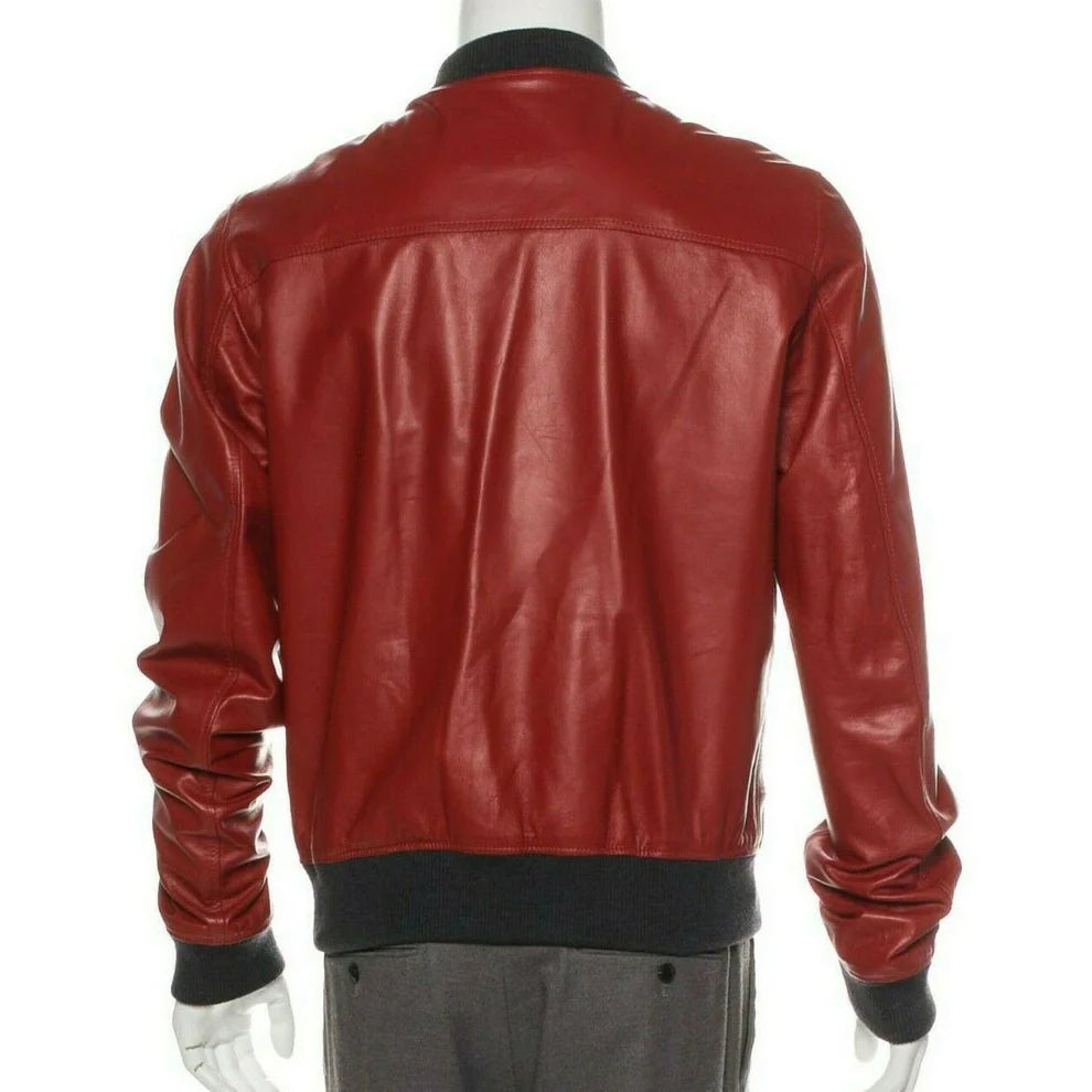 Men’s Fashion Lambskin Red Leather Bomber Jacket – Stylish Outerwear UK