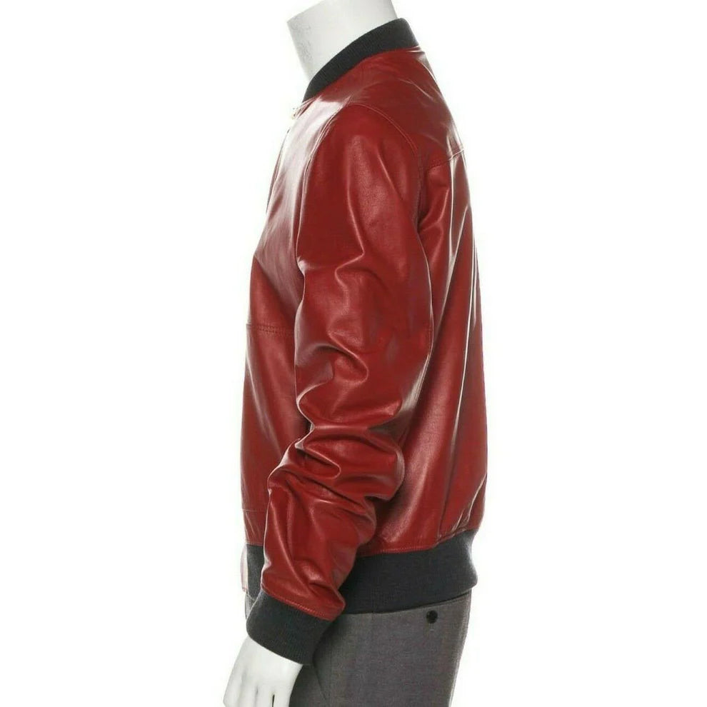 Men’s Fashion Lambskin Red Leather Bomber Jacket – Stylish Outerwear UK