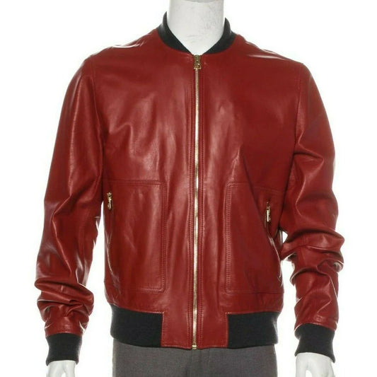 Men’s Fashion Lambskin Red Leather Bomber Jacket – Stylish Outerwear UK