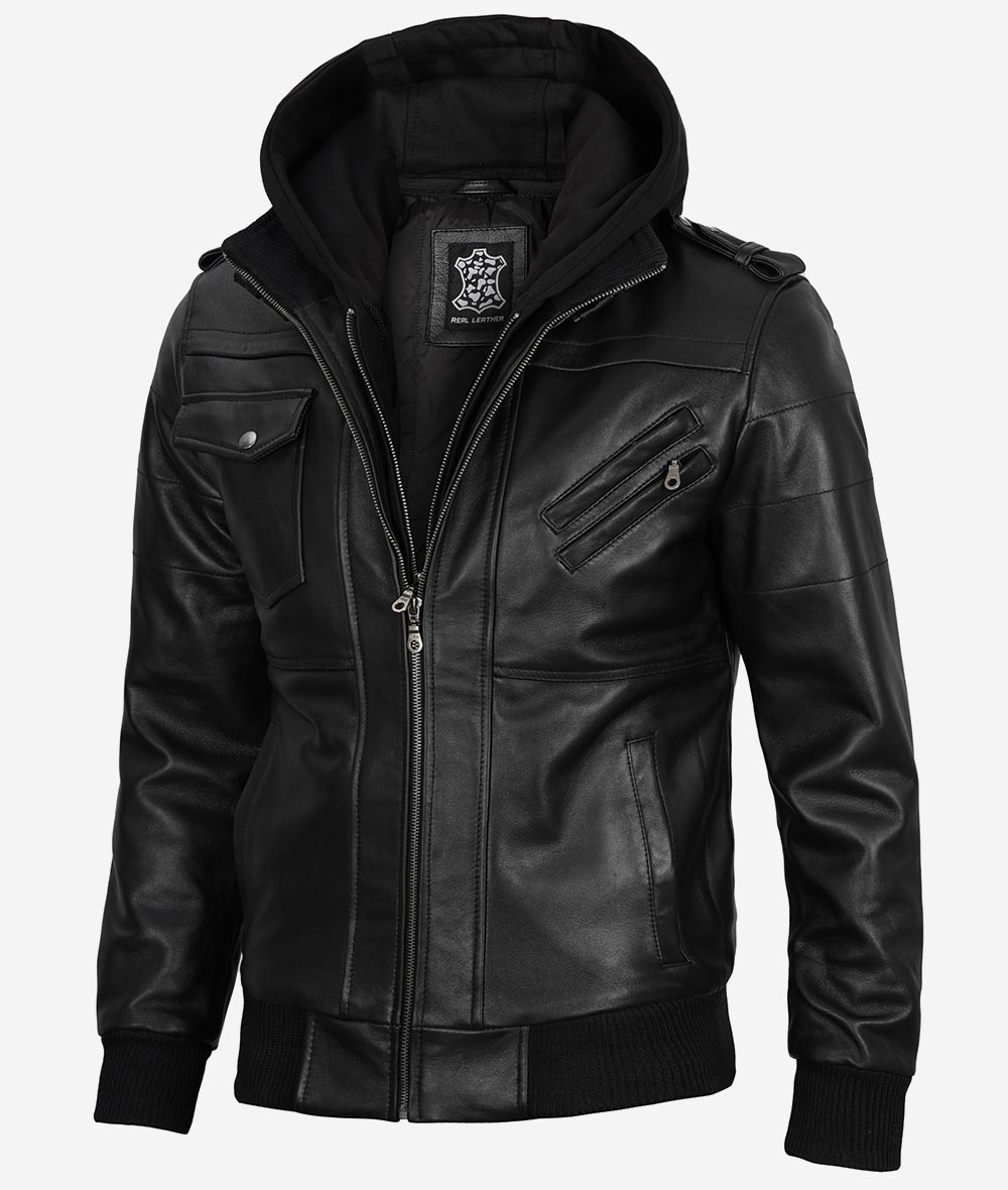 Men’s Black Lambskin Leather Bomber Jacket with Removable Hood