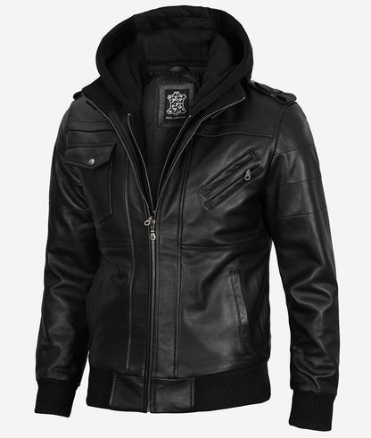 Men’s Black Lambskin Leather Bomber Jacket with Removable Hood
