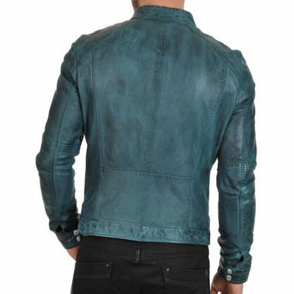Men’s Blue Café Racer Distressed Biker Leather Jacket – Genuine Leather UK