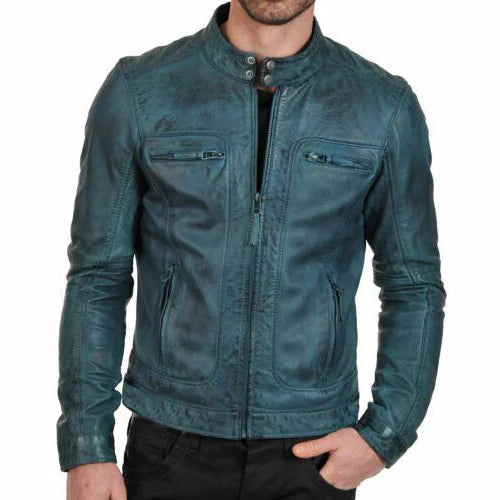 Men’s Blue Café Racer Distressed Biker Leather Jacket – Genuine Leather UK