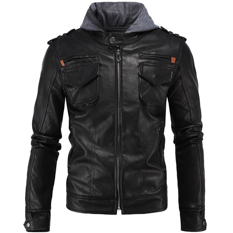 Men’s Brando Style Biker Leather Jacket with Hood Front View