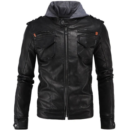 Men’s Brando Style Biker Leather Jacket with Hood Front View