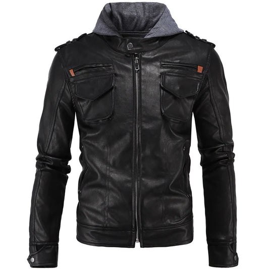 Men’s Brando Style Biker Leather Jacket with Hood Front View