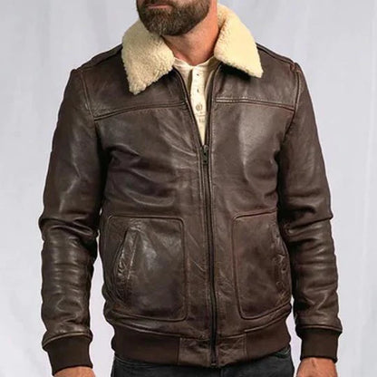 Brown Leather Pilot Jacket with Shearling Collar