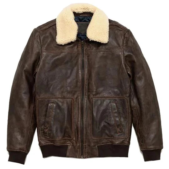 Men’s Vintage A2 Brown Leather Shearling Bomber Jacket Front View