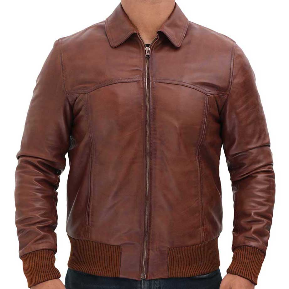 Men’s Vintage Brown Leather Bomber Jacket – 100% Real Lambskin Leather