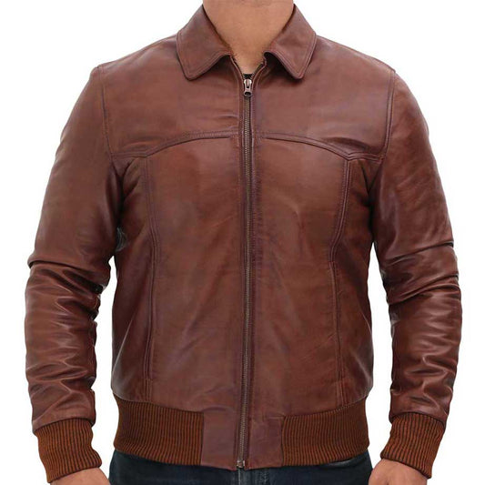 Men’s Vintage Brown Leather Bomber Jacket – 100% Real Lambskin Leather