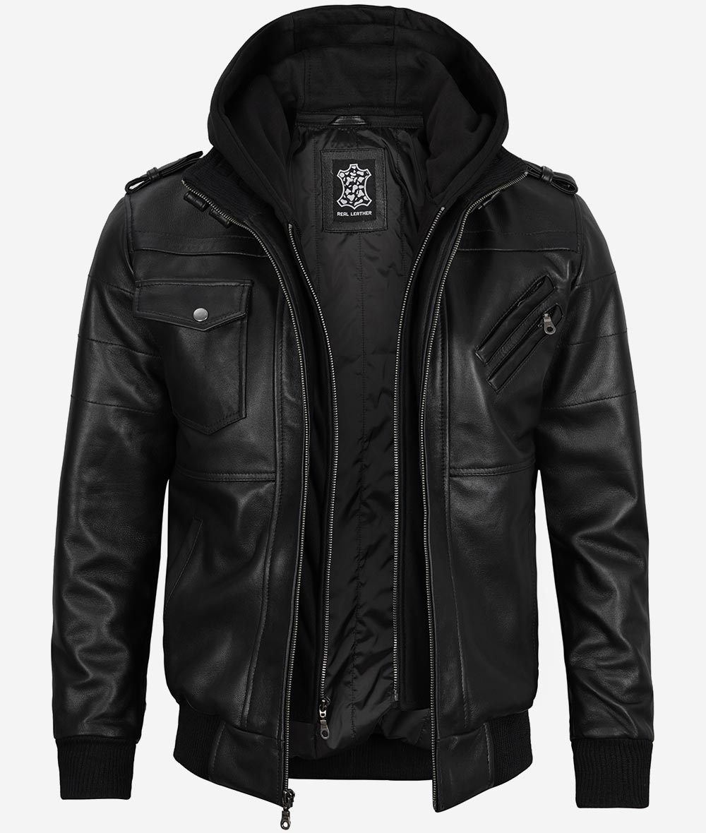 Men’s Black Lambskin Leather Bomber Jacket with Removable Hood