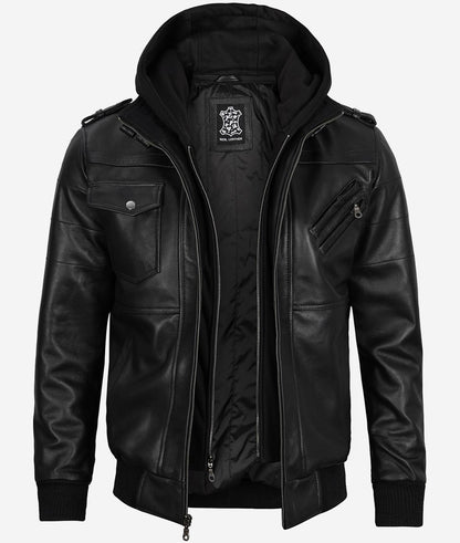 Men’s Black Lambskin Leather Bomber Jacket with Removable Hood