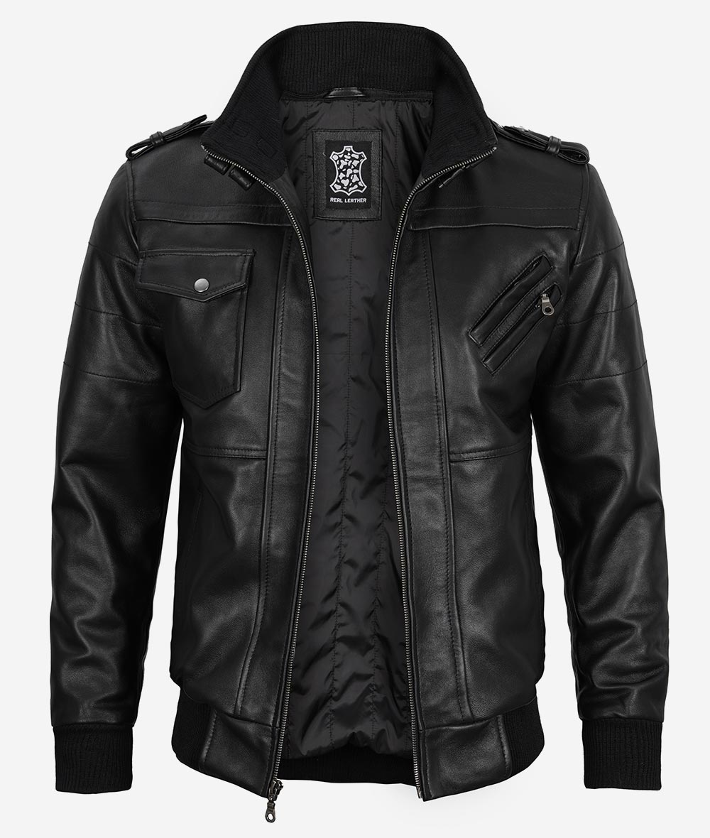 Men’s Black Lambskin Leather Bomber Jacket with Removable Hood