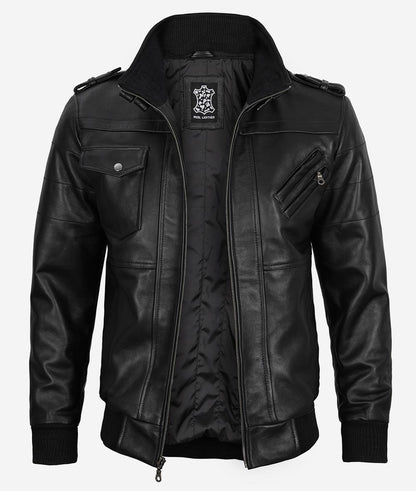 Men’s Black Lambskin Leather Bomber Jacket with Removable Hood