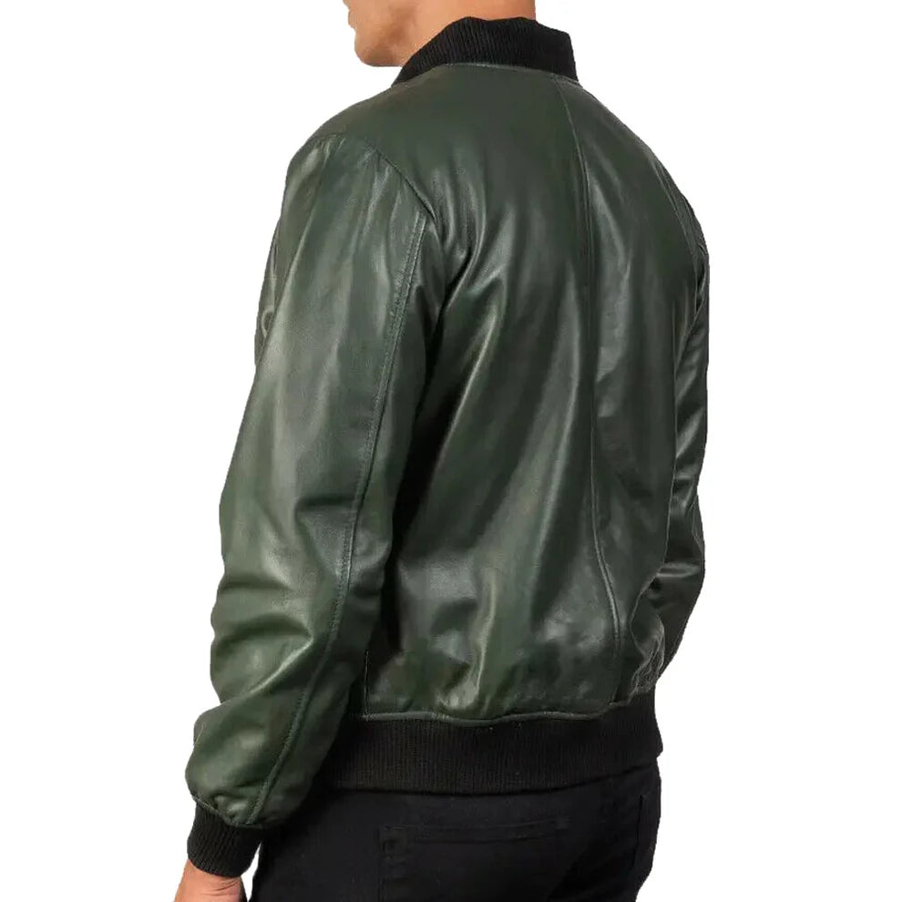 Green Leather Biker Bomber Jacket for Men