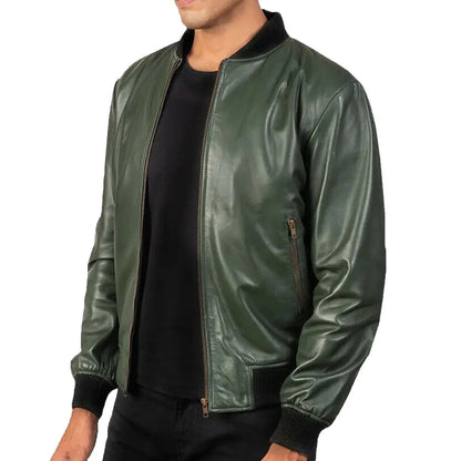 Men’s Green Leather Bomber Jacket Side View